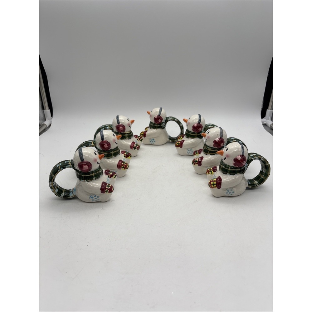 Christmas Decor Set of 7 Snowman Napkin Rings Ceramic Winter Holiday White